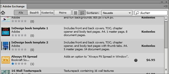 Die eingebaute Vertriebsplattform für Plug-ins, Skripte, Mustervorlagen (»templates«): Innerhalb des Adobe-Exchange-Bedienfelds finden Sie in InDesign, Illustrator und Photoshop eine große Auswahl