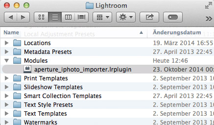 Das Plug-in »aperture_ iphoto_importer« gehört in das Verzeichnis »Modules« in »Application Support/Adobe/ Lightroom«.