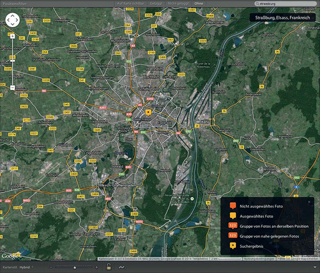 Die Suche nach »strassburg« im Suchfenster rechts oben war erfolgreich – Straßburg im Elsass erscheint im Kartenfenster.