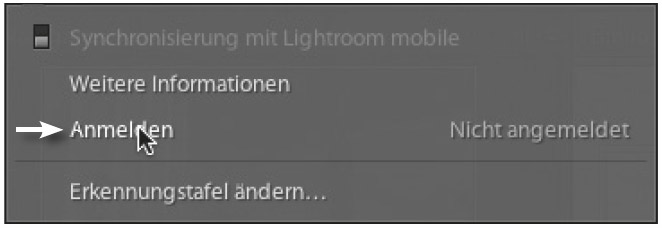 Starten Sie Lightroom auf Ihrem PC. Klicken Sie links oben im Lightroom-Fenster auf das Lightroom-Symbol („LR“) und wählen Sie im Menü den Befehl „Anmelden“.